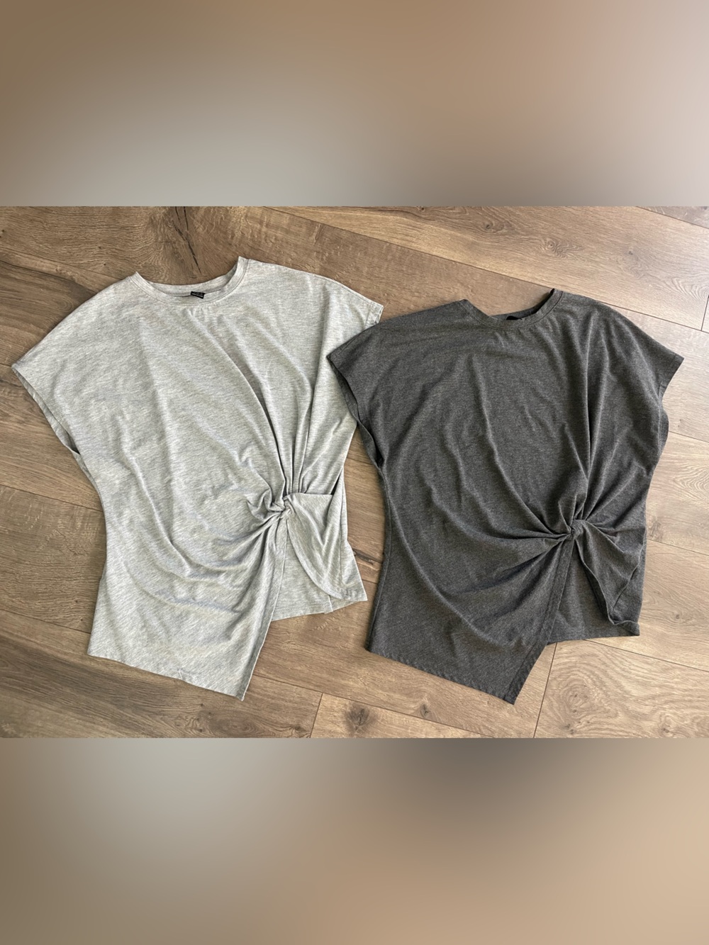 Set of 2 Twist-Front Short Sleeve Tee in Light Gray and Dark Gray
